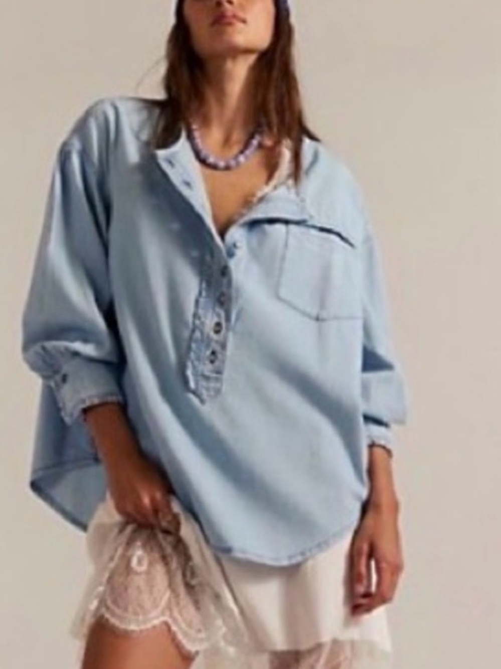 Free People Light Chambray Oversized Denim Henley So Soft